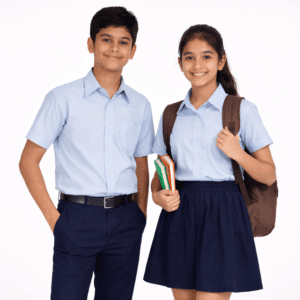 DAV school uniform III–V — sax-blue polycotton shirt, steel-grey shorts with belt and matching socks (2026 summer set).