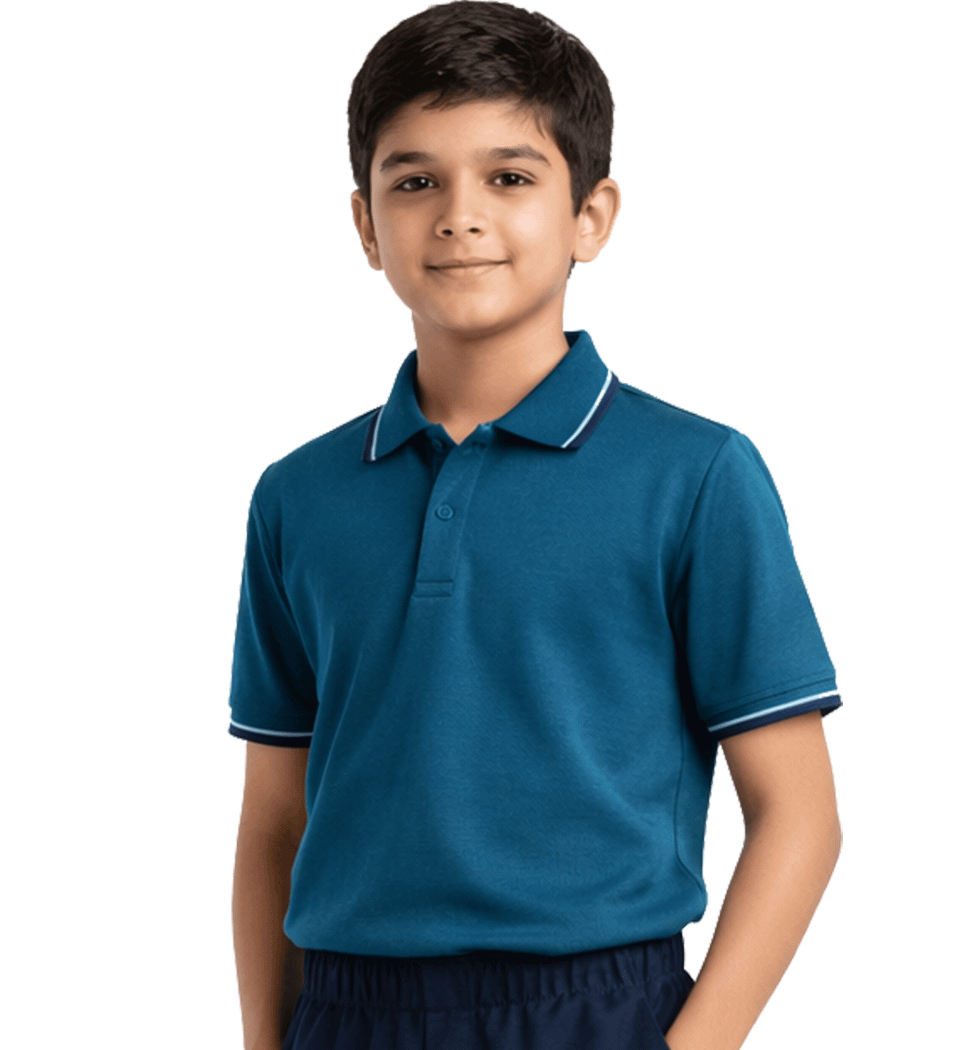 Indian school boy wearing teal blue polo t-shirt and navy sports uniform full body studio image clean background premium school sportswear India