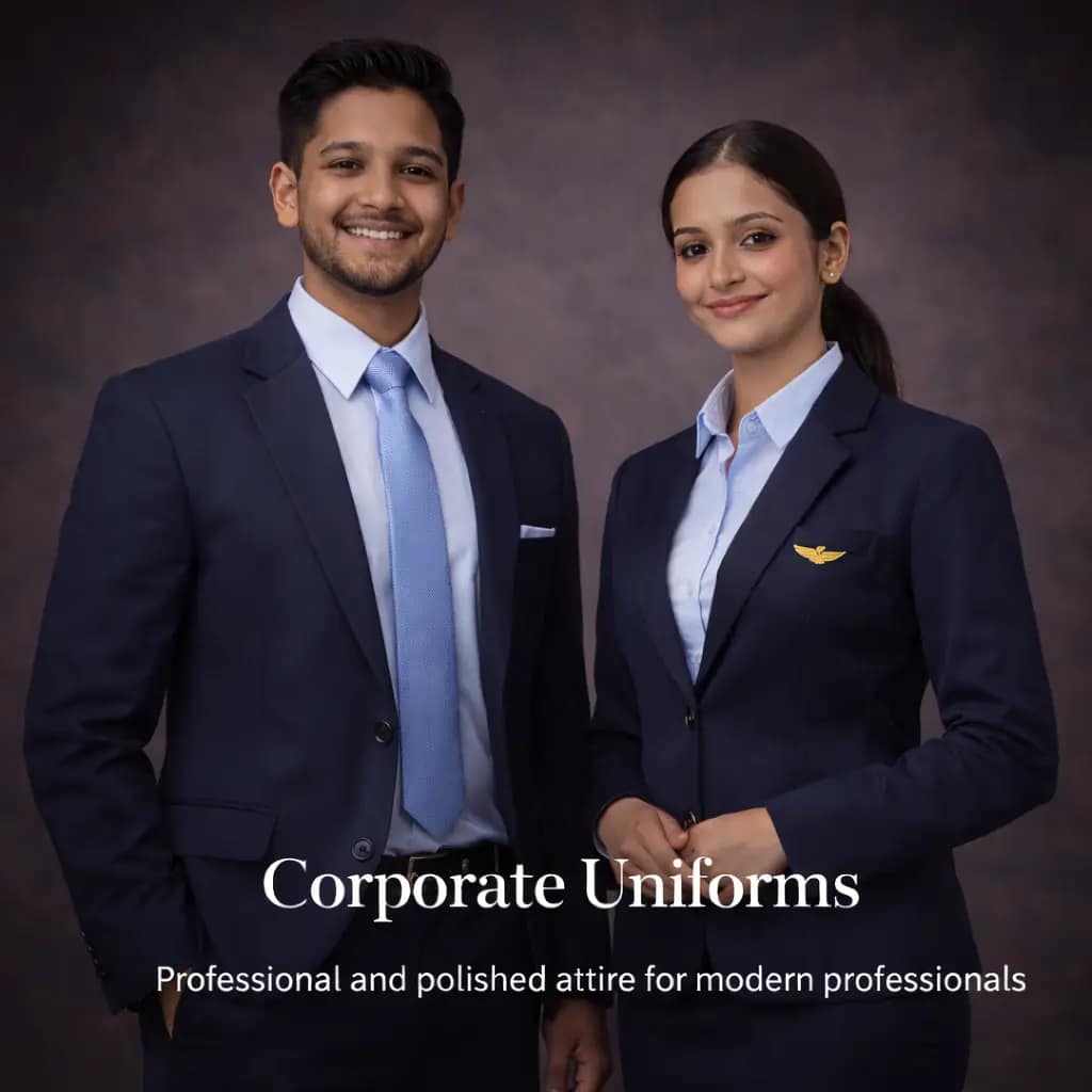 Corporate uniforms for men and women featuring formal suits, blazers, and professional office attire for business and executive staff