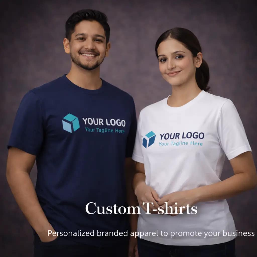 Custom printed T-shirts with logo design for branding, featuring personalized corporate and promotional apparel for businesses