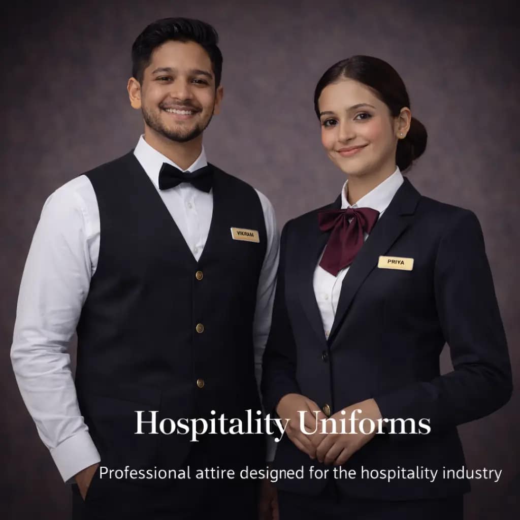 Hospitality uniforms for hotel staff including formal waistcoat, blazer, and professional attire for front office and service staff