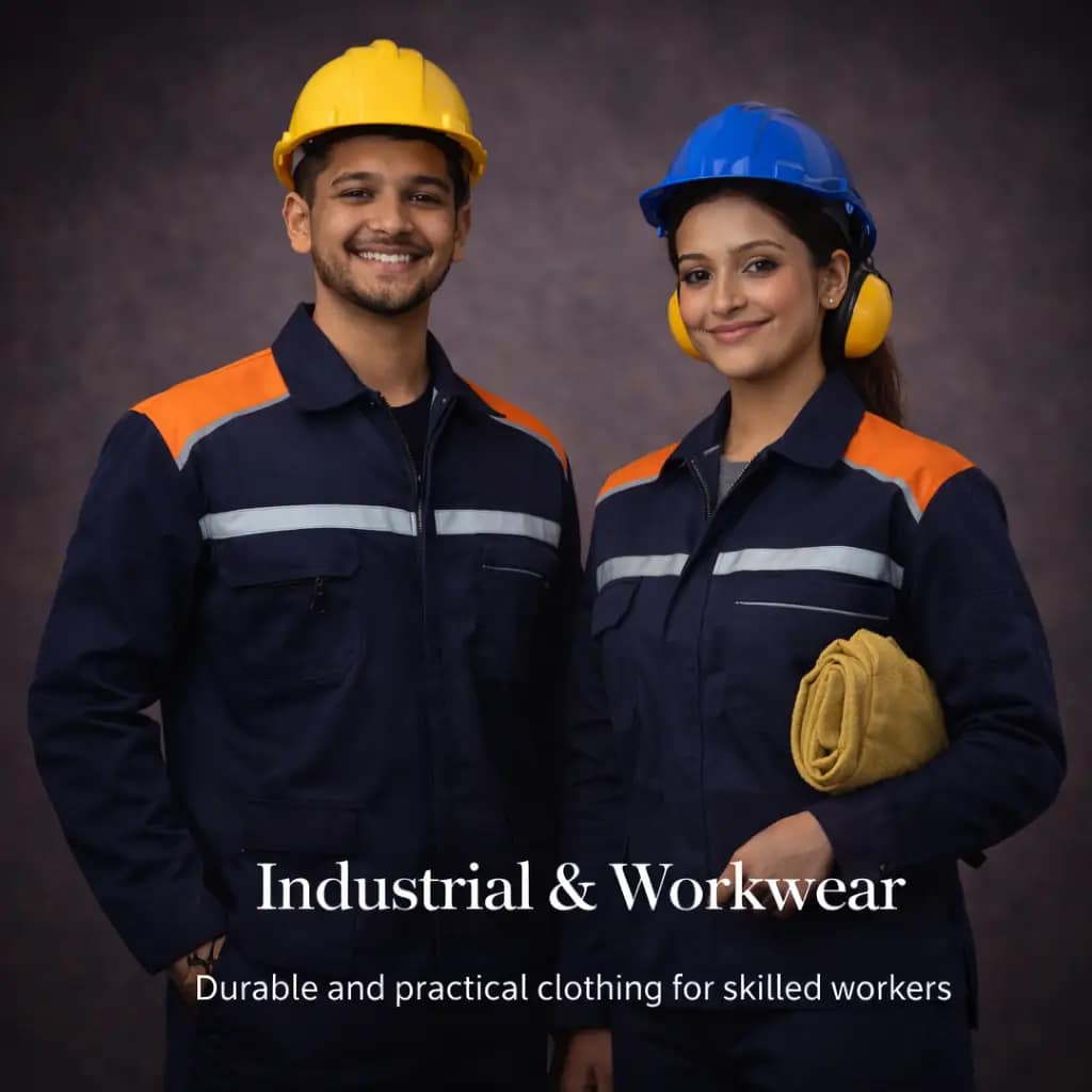 Industrial workwear uniforms for men and women with safety helmets and protective clothing designed for durability and workplace safety