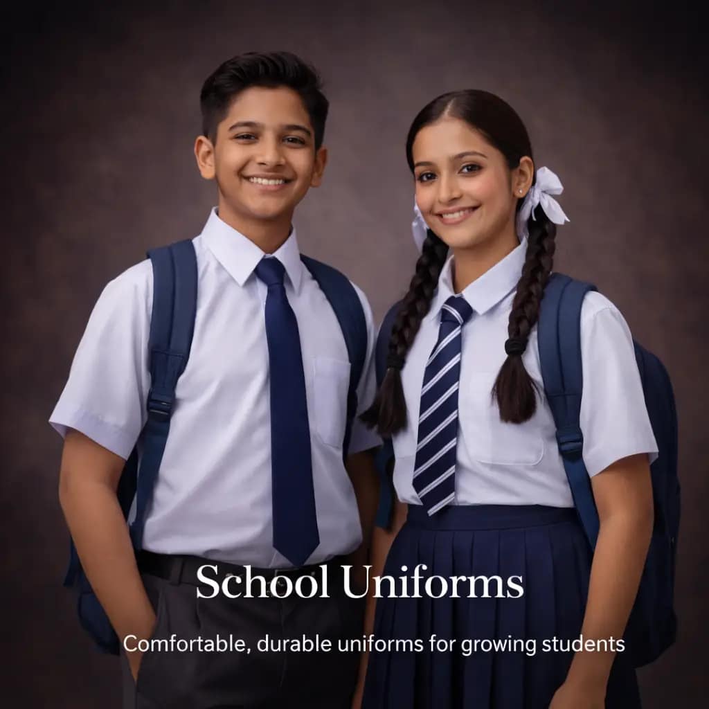 School uniforms for boys and girls featuring formal shirts, ties, skirts, and trousers designed for comfort, durability, and daily school wear