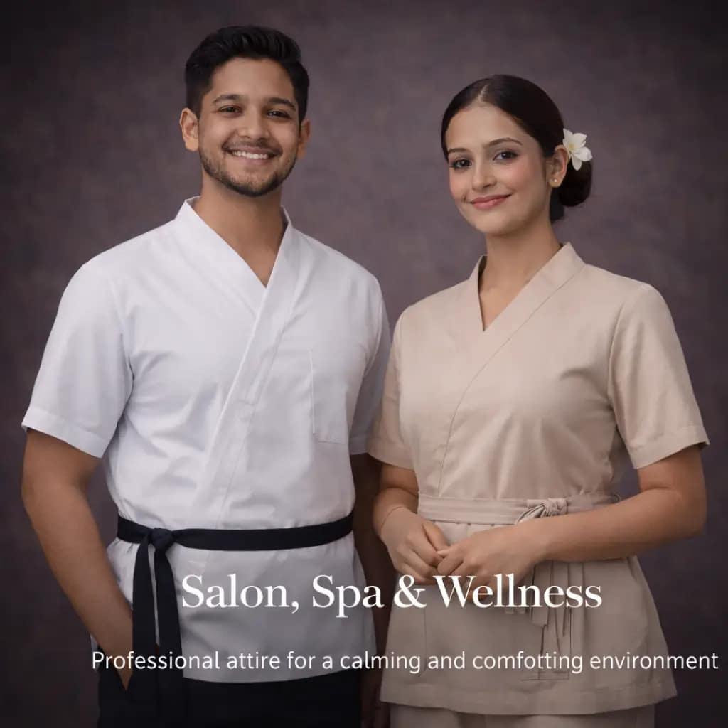 Salon and spa wellness uniforms for men and women featuring professional, comfortable attire for beauty and wellness staff