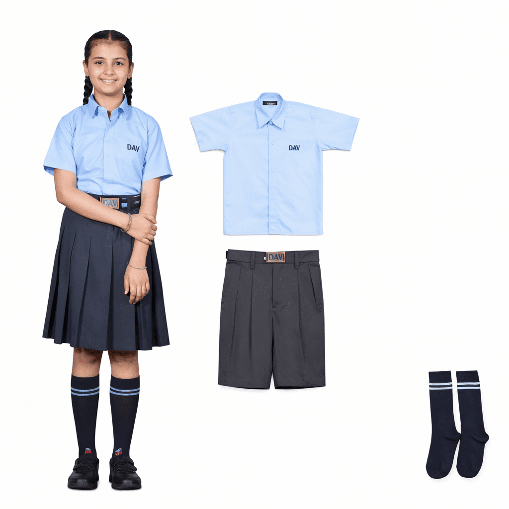 dav new uniform 2026 Dav new summer school uniform 2026 sky blue half sleeve shirt steel grey pleated skirt