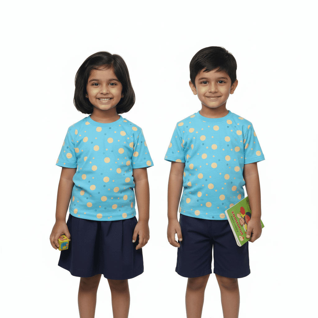 Dhirubhai Ambani kindergarten uniform — sky blue polka dot shirt with navy skirt & short.