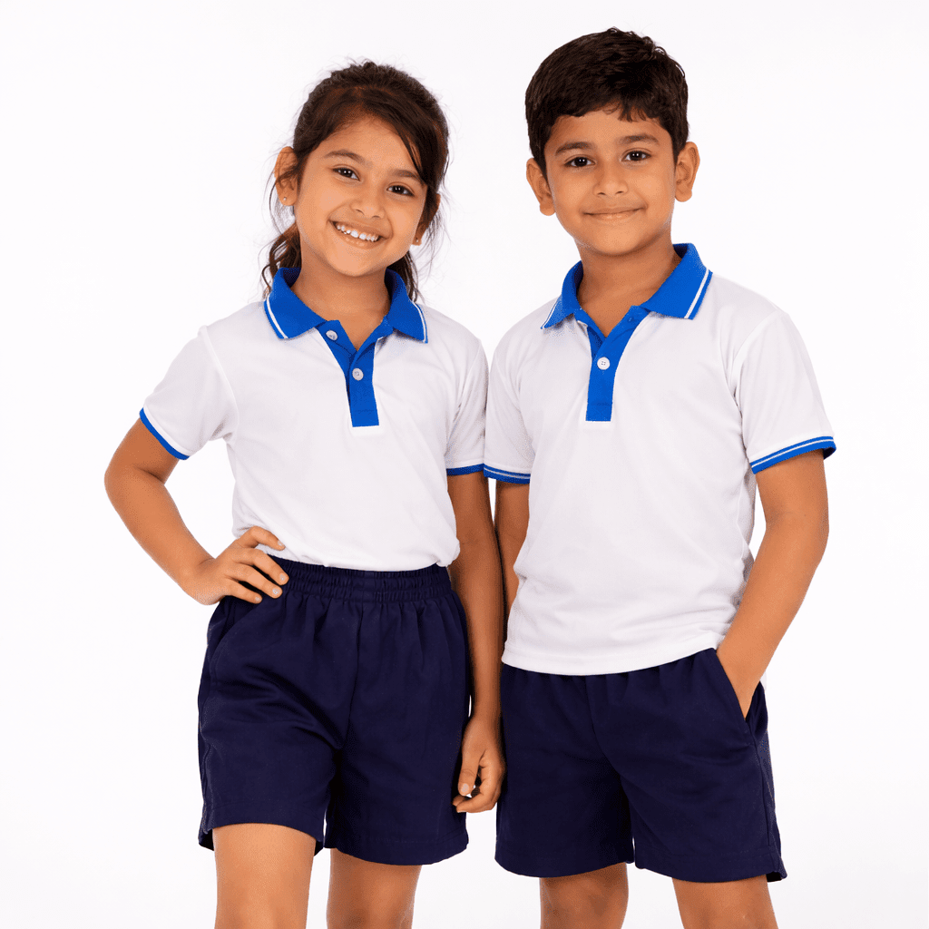 Dhirubhai Ambani School Uniform PE kit — white polo with blue collar and navy shorts