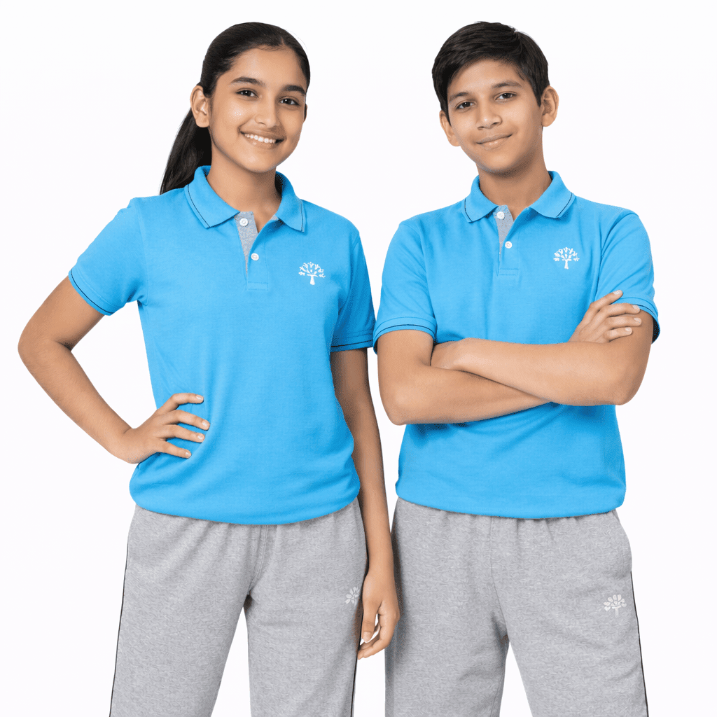 Podar PE kit — aqua polo shirt with grey trackpants and school crest
