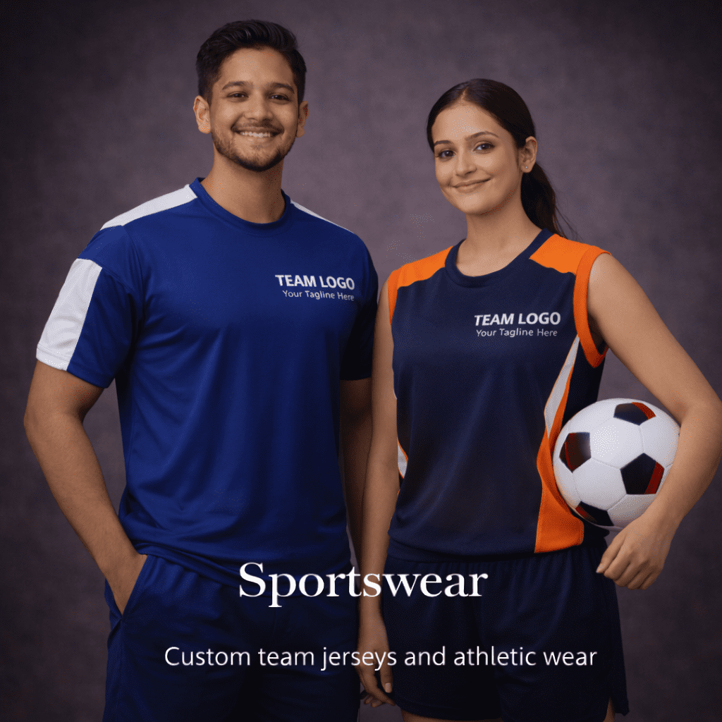 Custom sportswear uniforms for men and women featuring team jerseys, athletic wear, and logo-printed sports uniforms for teams and schools