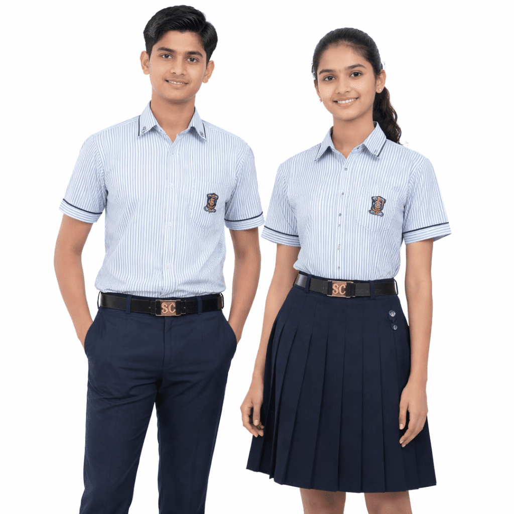 Sri Chaitanya School uniform striped summer shirt with navy trousers