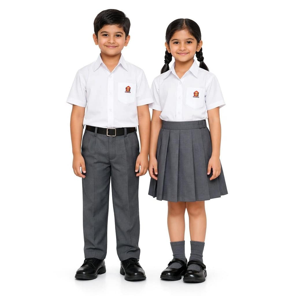 Army Public School uniform white shirt with steel grey trousers — summer set