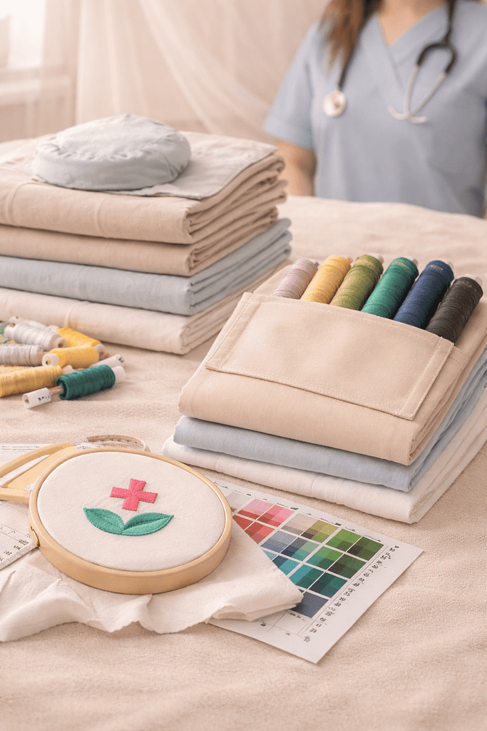 Custom hospital uniform fabric samples with embroidery threads and stitched design showcasing logo customization and quality material selection