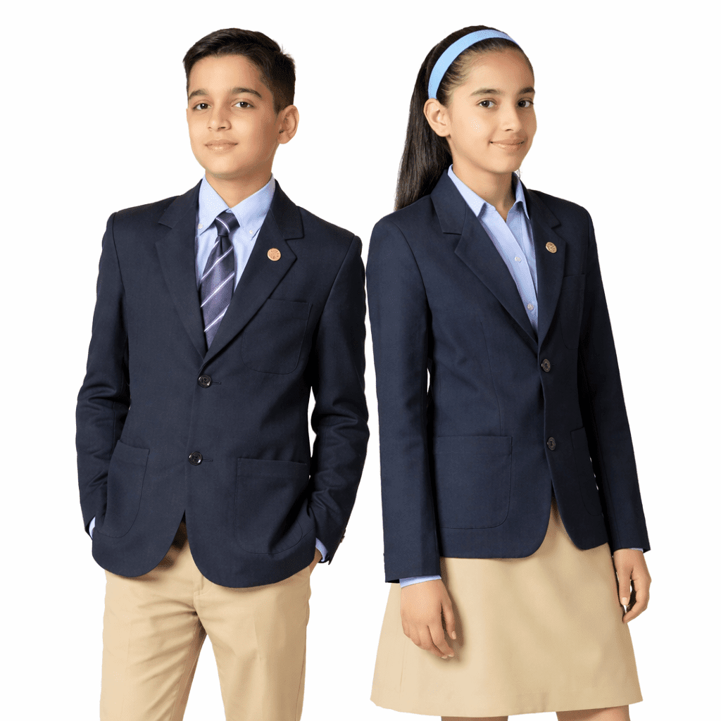 Podar blazer uniform navy blue school blazer with striped tie worn by boy and girl students formal school uniform set