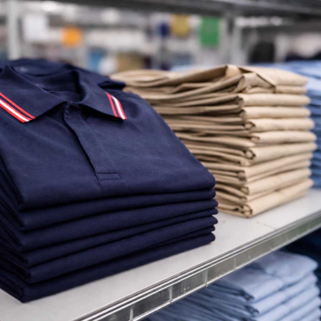 Neatly stacked school uniforms in manufacturing unit showing bulk production and quality control process