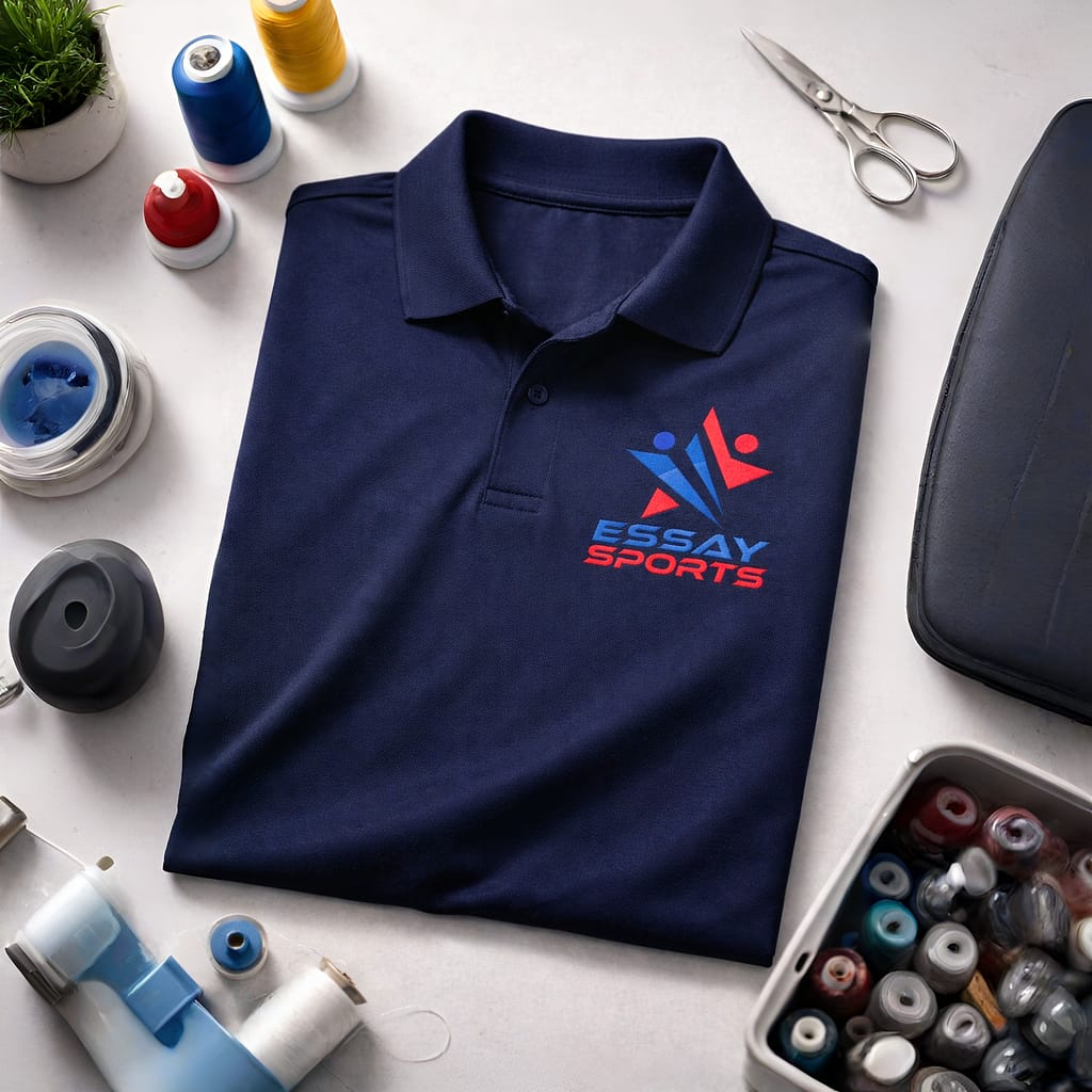 Folded navy polo uniform with Essay Sports logo for custom branding and apparel manufacturing