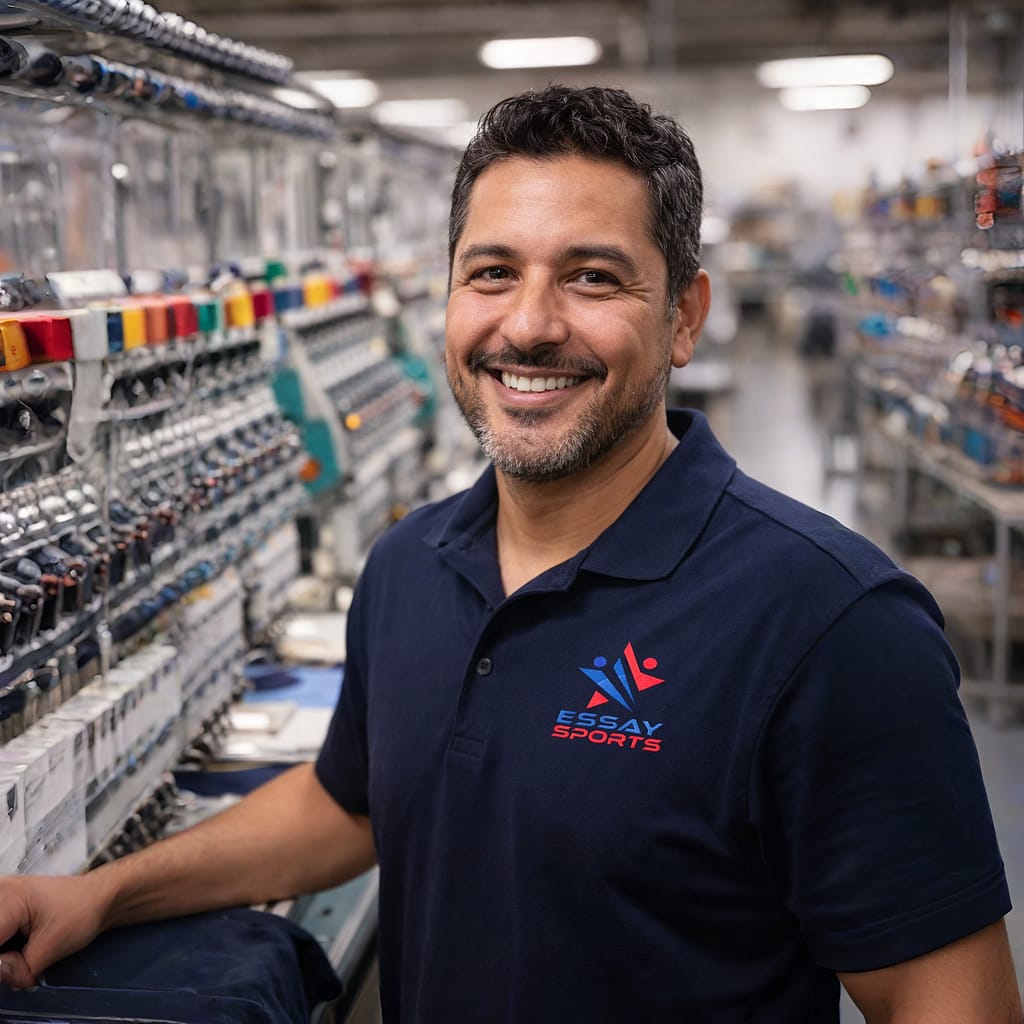 Smiling uniform manufacturing worker inside Essay Sports production unit