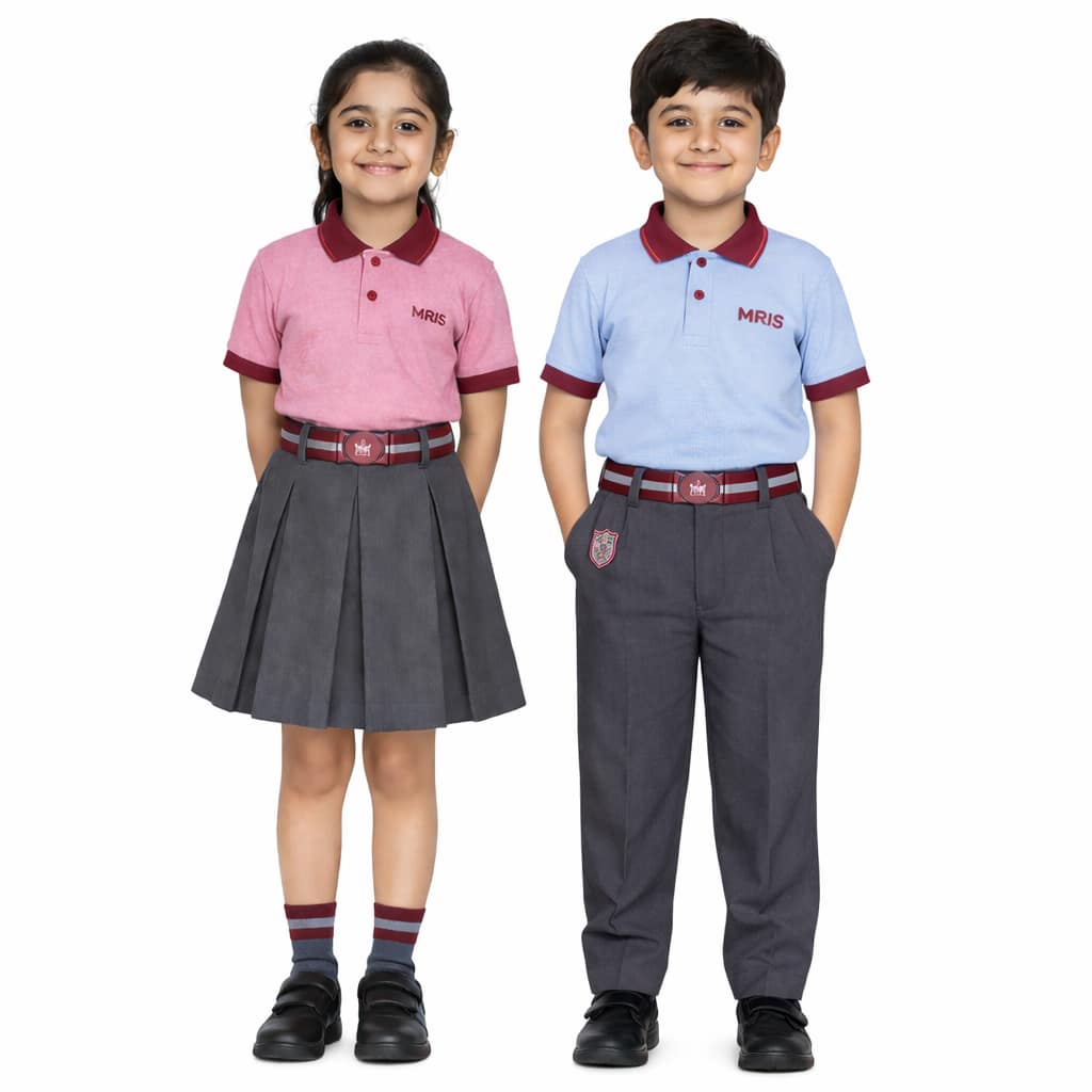 MRIS regular school uniform set for boys and girls with pink polo shirt, maroon collar, grey skirt for girls, grey trousers for boys, and school crest branding