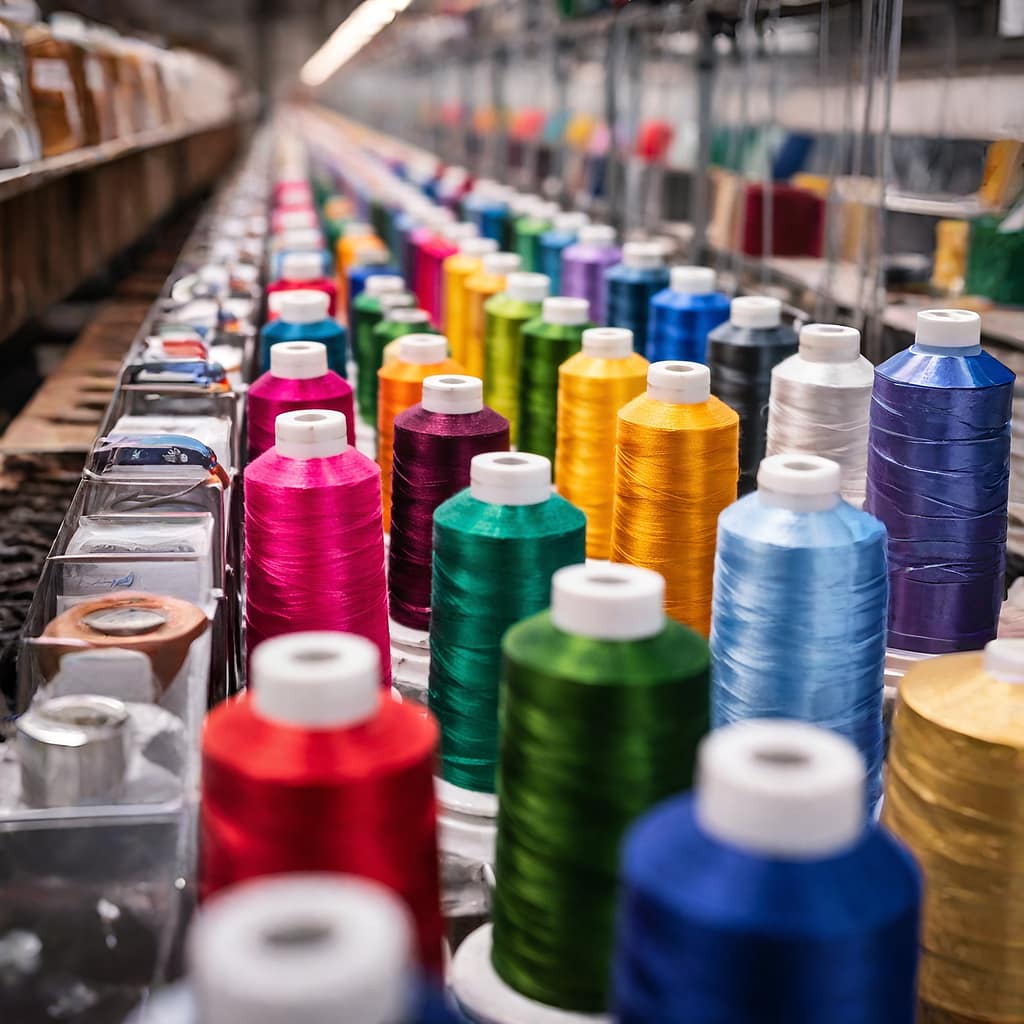 Colorful thread spools in garment factory used for uniform stitching and embroidery production