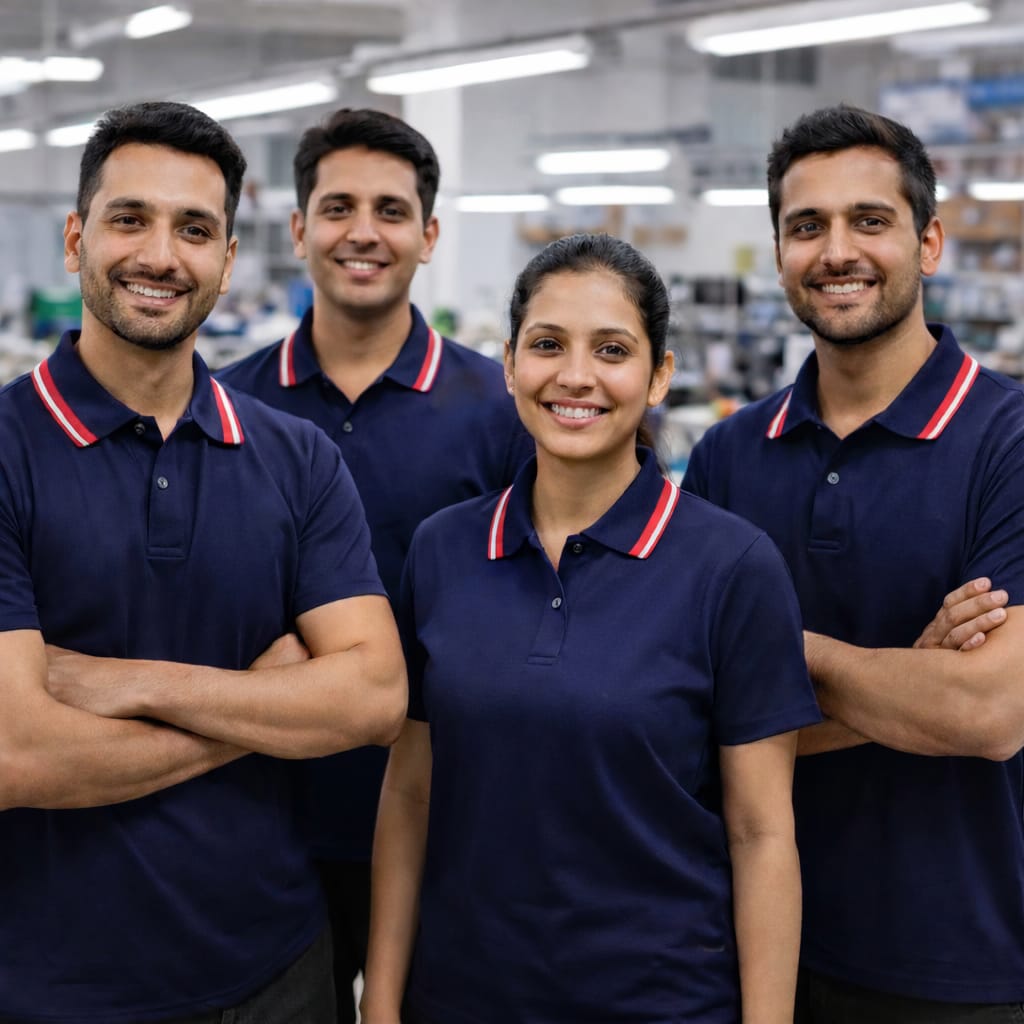 Professional uniform manufacturing team in factory wearing branded work uniforms showing quality and teamwork