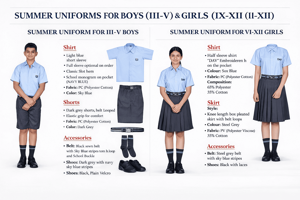 DAV Public School light summer shirt with grey trousers uniform sample
