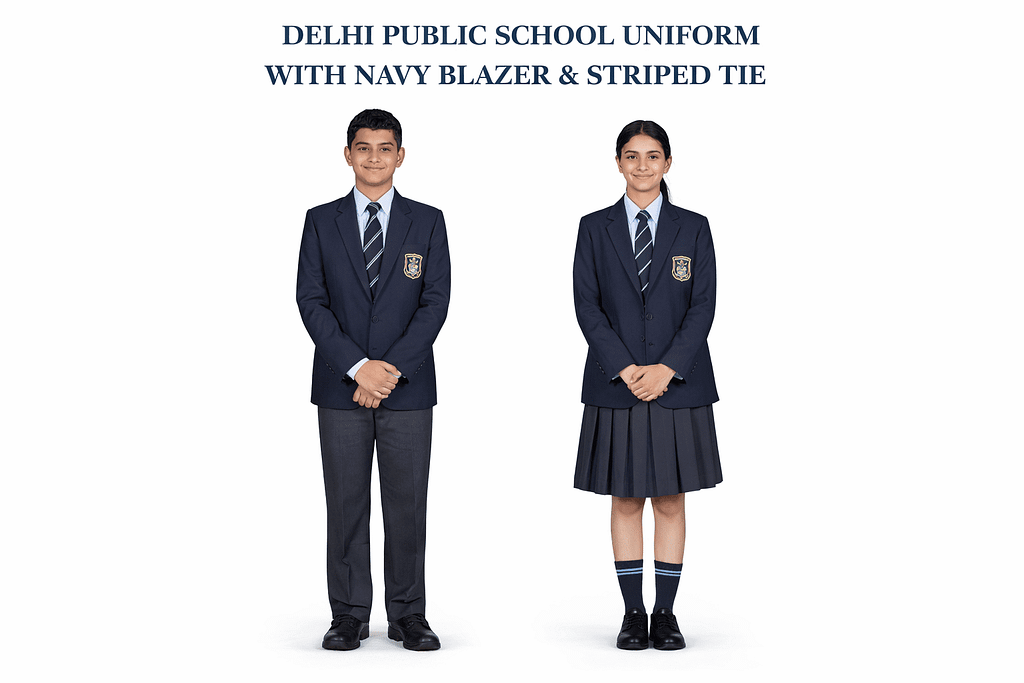 Delhi Public School navy blazer and striped tie uniform sample
