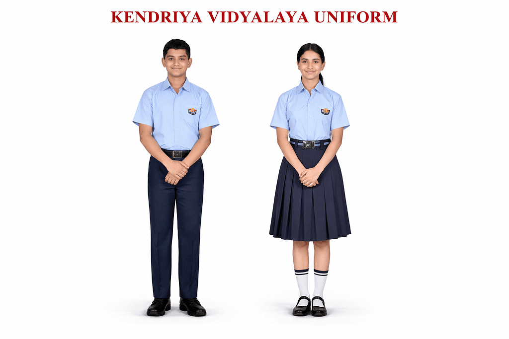 Kendriya Vidyalaya school uniform for boys and girls with light blue shirt, navy trousers, and pleated skirt design for students
