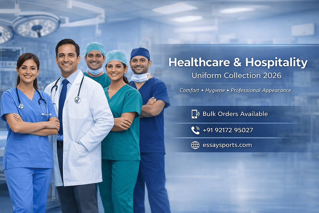 Healthcare staff wearing professional hospital uniforms including doctor coat and medical scrubs in clinical environment