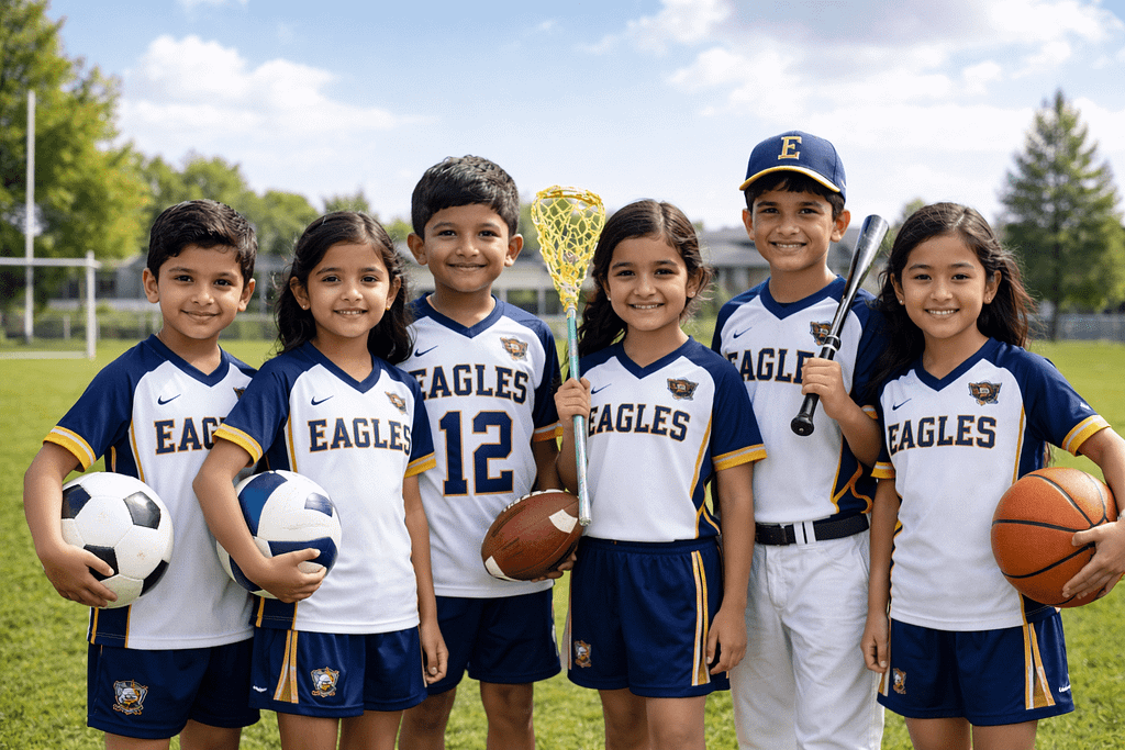 School sports team wearing custom sports uniforms with jerseys, shorts, and equipment on playground showcasing teamwear design and comfort
