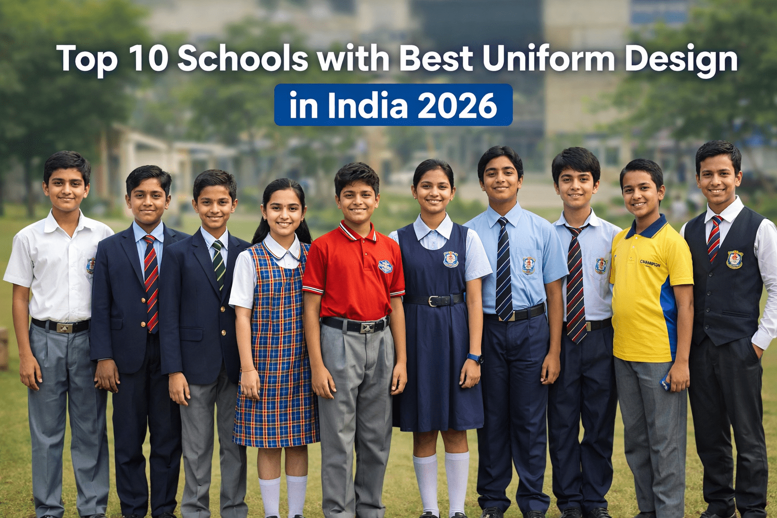 Students wearing different school uniform designs in India 2026 showcasing modern styles, colors, and institutional identity in school uniforms
