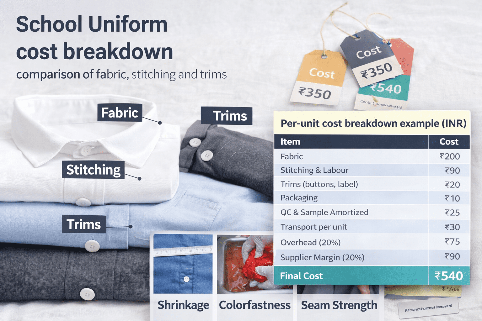 school uniform cost breakdown — comparison of fabric, stitching and trims