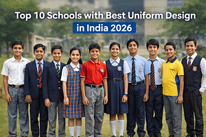 Students wearing different school uniform designs in India 2026 showcasing modern styles, colors, and institutional identity in school uniforms