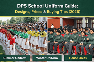 DPS school uniform guide 2026 showing Delhi Public School summer uniform, winter uniform and house dress with bottle-green blazer and white skirt