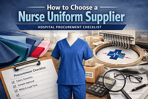Guide to choosing nurse uniform supplier with hospital scrubs, fabric samples, embroidery machine, and procurement checklist for bulk uniform sourcing