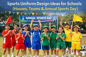 School children wearing colorful house sports uniforms during annual sports day at a school field