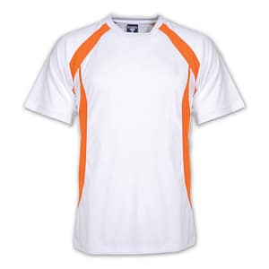 School sports T-shirt white and orange dry-fit uniform for students with breathable athletic fabric