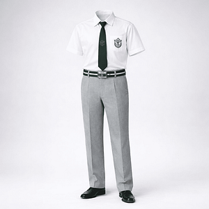 DPS boys uniform — white half-sleeve shirt with chest pocket and tailored grey trousers with bottle-green belt