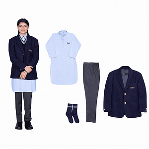 IX–XII girls wearing DAV sax blue long kurta with navy blazer and steel grey pencil trousers