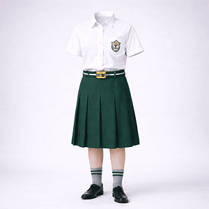 DPS-style girls summer uniform — white half-sleeve shirt with bottle green pleated skirt, bottle-green belt, grey socks and black shoes.