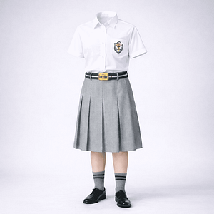 DPS-style girls summer uniform — white half-sleeve shirt with grey pleated skirt, bottle-green belt, grey socks with green stripes and black school shoes.