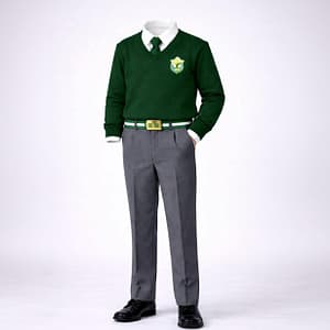 boys green v-neck sweater uniform with crest - full outfit front view