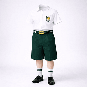 Junior boys DPS-style summer uniform — white half-sleeve monogram shirt with bottle-green shorts, green-striped belt, white socks and black shoes.