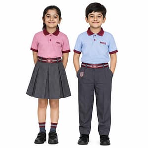 MRIS regular school uniform set for boys and girls with pink polo shirt, maroon collar, grey skirt for girls, grey trousers for boys, and school crest branding