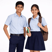 DAV school uniform III–V — sax-blue polycotton shirt, steel-grey shorts with belt and matching socks (2026 summer set).