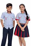 Gd Goenka School uniform — blue-white striped short sleeve shirt with white collar and red piping,