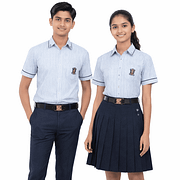 Sri Chaitanya School uniform striped summer shirt with navy trousers