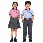 MRIS regular school uniform set for boys and girls with pink polo shirt, maroon collar, grey skirt for girls, grey trousers for boys, and school crest branding