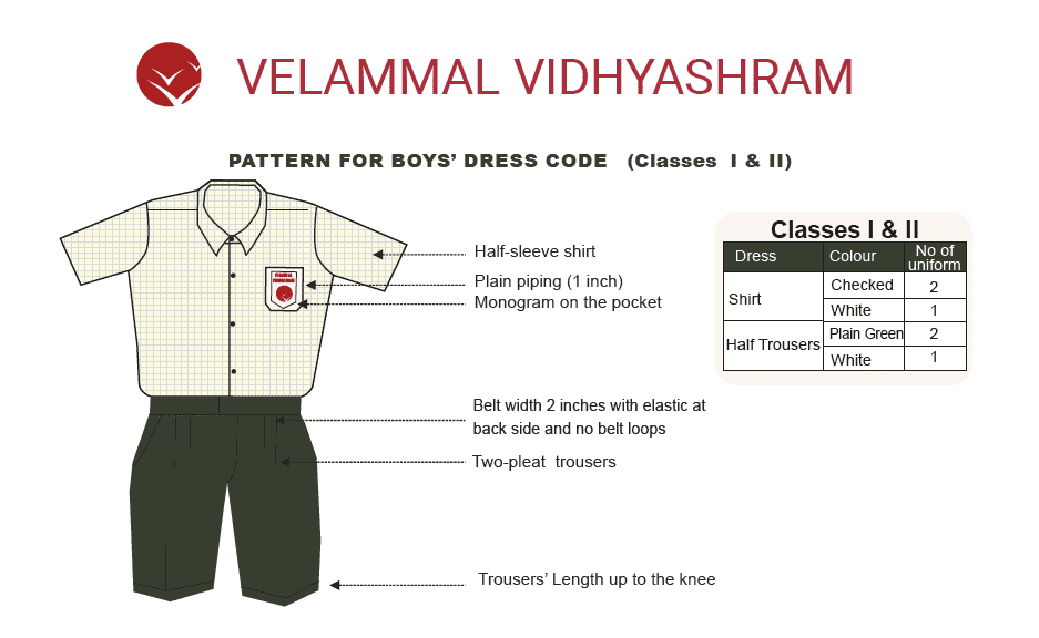 Boys school uniform design for Classes 1 and 2 with checked shirt, half trousers, and dress code specifications with fabric and pattern details