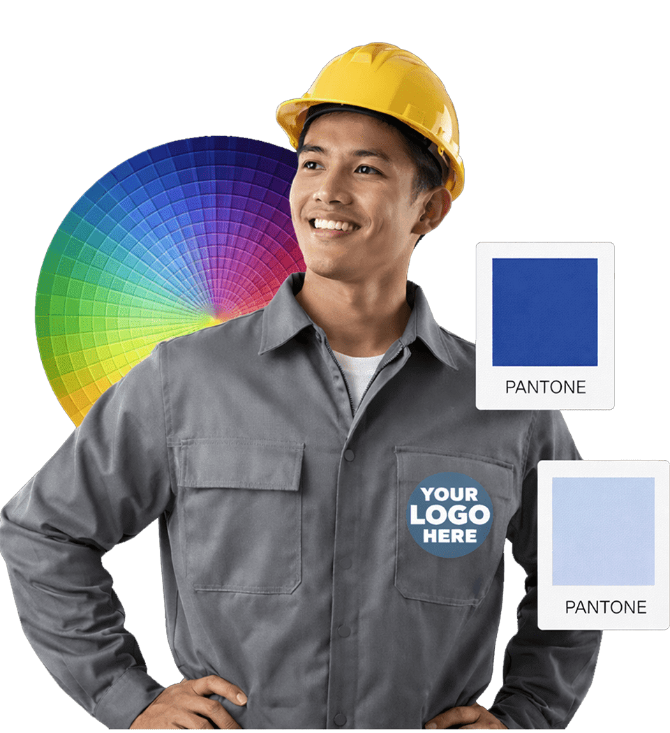 Industrial worker uniform with custom logo and Pantone color options for branded staff uniforms